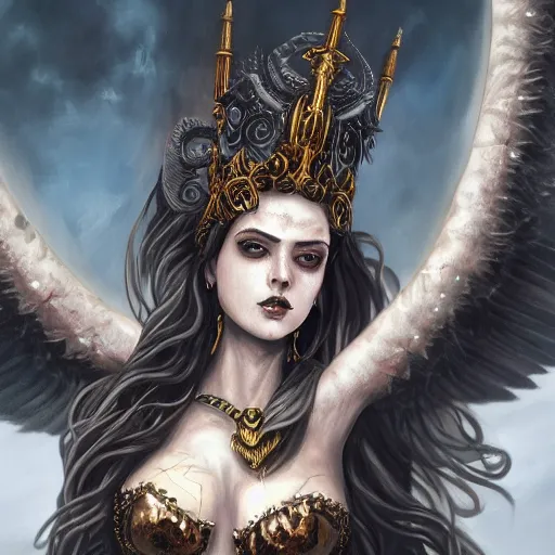 Prompt: majestic demonic goddess raises in triumph after conquering the world, intricate details, 4 k
