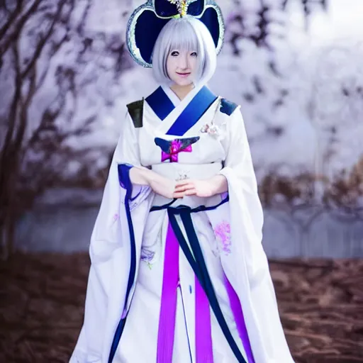 Prompt: full body shot of a japanese princess young lady, beauty, with a long white, white hair, ayaka cosplay