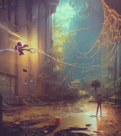 Image similar to highly detailed graffiti of spiderweb, stephen bliss, unreal engine, unreal engine art by greg rutkowski, loish, rhads, ferdinand knab, makoto shinkai and lois van baarle, ilya kuvshinov, rossdraws, tom bagshaw, reflective global illumination, god rays, detailed and intricate environment