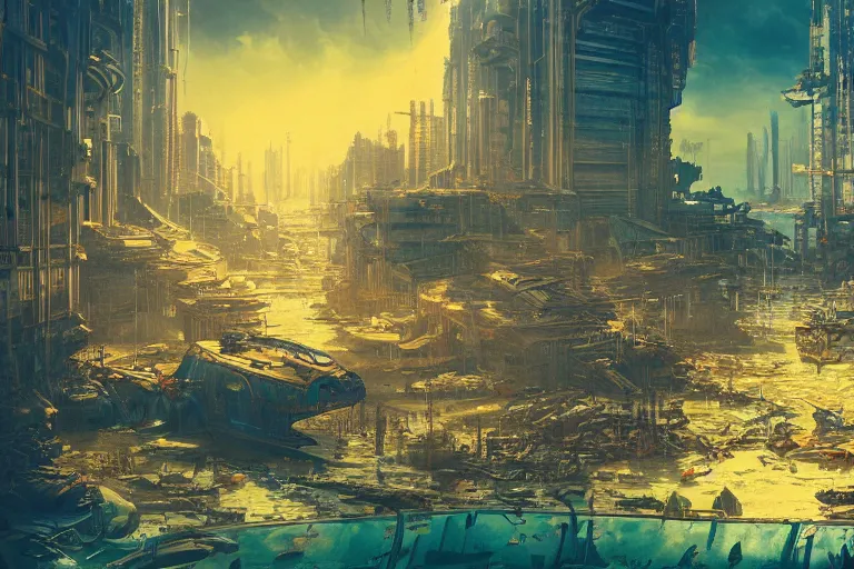 Image similar to a scenic view of an abandoned cyberpunk city under water, ray of sunlight, whale fall, fish flocks, Greg Rutkowski, Moebius, Mohrbacher, Mucha, blue and gold color scheme, ultra wide angle, light effect