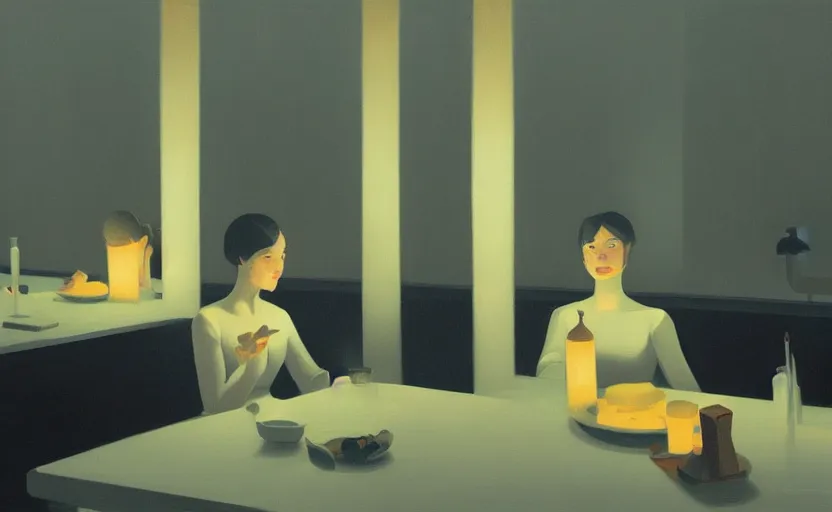 Image similar to a mysterious surreal dimly lit dinner scene illustration by atey ghailan and escher and edward hopper, surreal