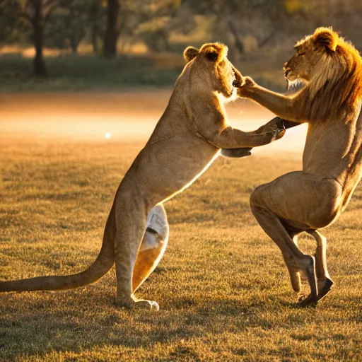 Image similar to lion slap boxing a kangaroo, savannah, national geographic, golden hour, 3 5 mm