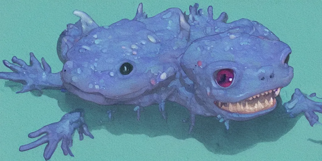 Image similar to Creepy painting of a blue axolotl from minecraft. high detail. realistic. fresh colors.