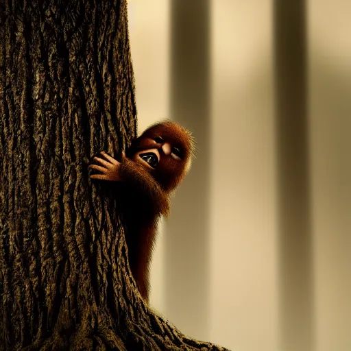 Prompt: award winning, hyper realistic, photograph, sasquatch infant peering out timidly from behind a tree with large cute eyes and it's hand wrapped around the tree trunk, portrait, 8 k, twilight, fog, moonlit