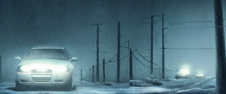 Image similar to Audi A4 B6 Avant (2002), a gritty neo-noir, dramatic bright lighting, cinematic, establishing shot, extremely high detail, photorealistic, cinematic lighting, artstation, by simon stalenhag, Snowy italian road, Snowy Apennines, At night, Poets of the Fall - Late Goodbye