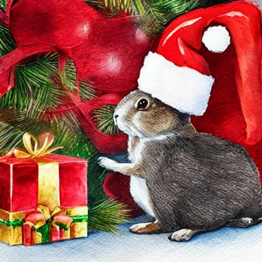Prompt: a rabbit wearing a santa hat, places a christmas present underneath a christmas tree inside a cozy livingroom, realistic watercolour style