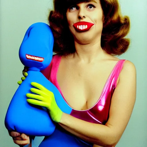 Image similar to 1976 woman wearing an inflatable plastic mouth, soft color,wearing a leotard 1976 holding an anthropomorphic finger, color film 16mm Almodovar John Waters Russ Meyer Doris Wishman old photo