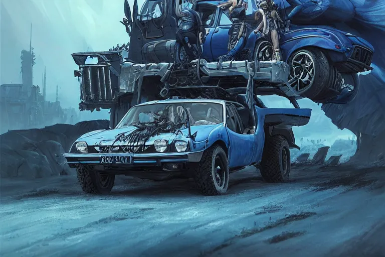 Image similar to a Dacia 1310, in Mad Max style, coriolios rpg art style, full of details, dark sci-fi, cold blue colors, matte painting, artstation, 8k, hyperrealistic, style of peter mohrbacher