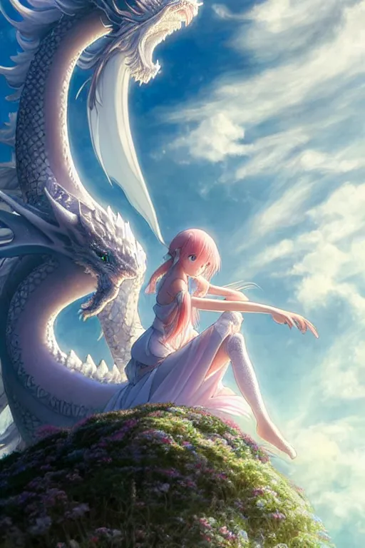 Image similar to the beautiful hyper detailed big scene render that a beautiful princess sitting on the back of a huge silver white dragon alone in fairyland surrounded by white clouds, finely detailed angelic face delicate features, style of studio ghibli, makoto shinkai, raphael lacoste, artgerm, karol bak, kazuki tanahashi, james jean, ross tran, ultra wide angle