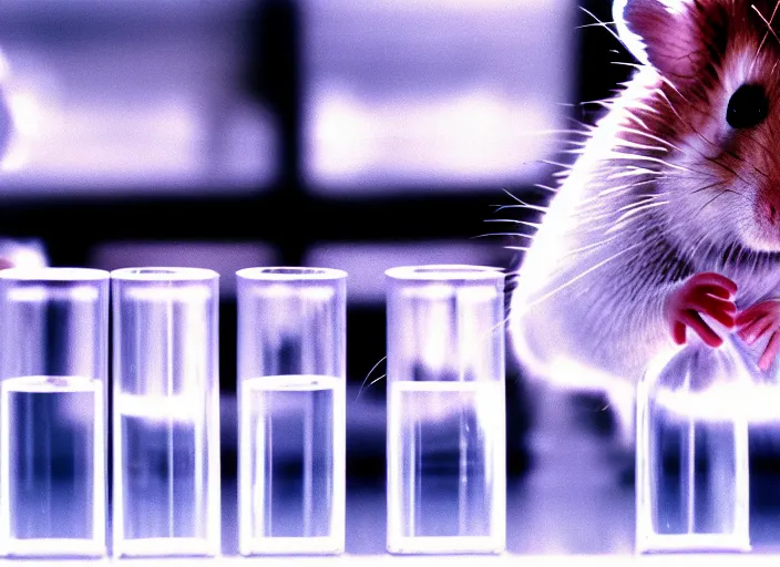 Image similar to film still of a hamster working in a research lab filling test tubes, 8 k