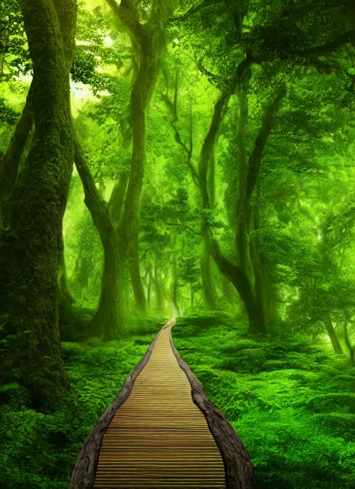 Image similar to a wooden path in the middle of a lush green forest, a detailed matte painting by john eyre, shutterstock contest winner, magical realism, enchanting, matte painting, mystical