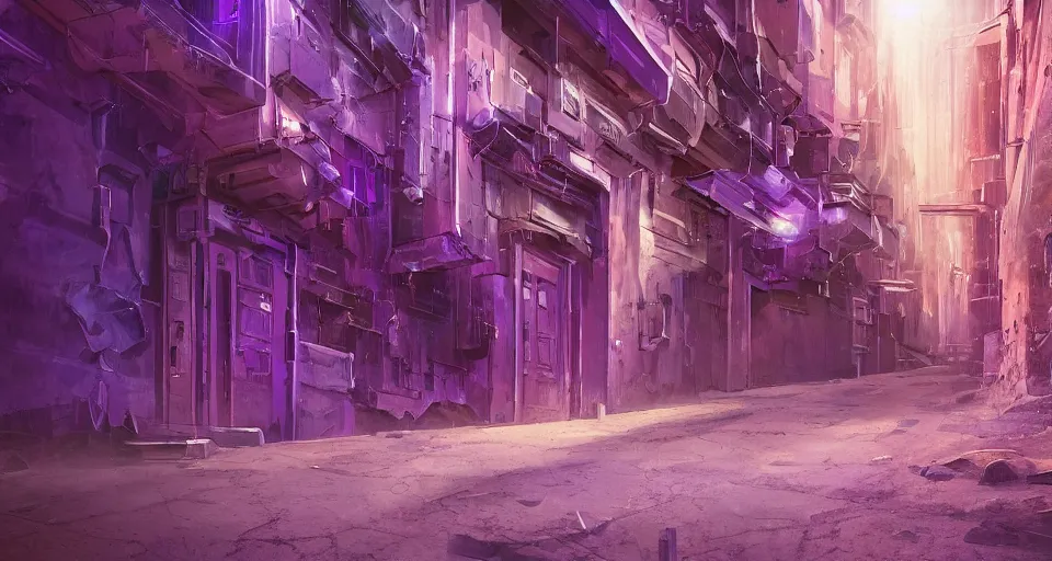 Prompt: Sci-fi wallpaper of an alley in a desert city, close-up view, purple color-theme, cinematic, science-fiction art wallpaper, stunning digital art