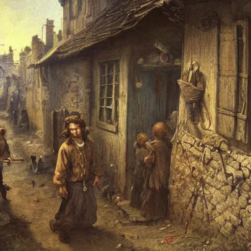 Image similar to jean francois millet as slum neighborhood on lord of the ring, random content position, ultra realistic human face details with emotion, ultra realistic environment contents detail, incrinate, delete duplicated content, rgb color