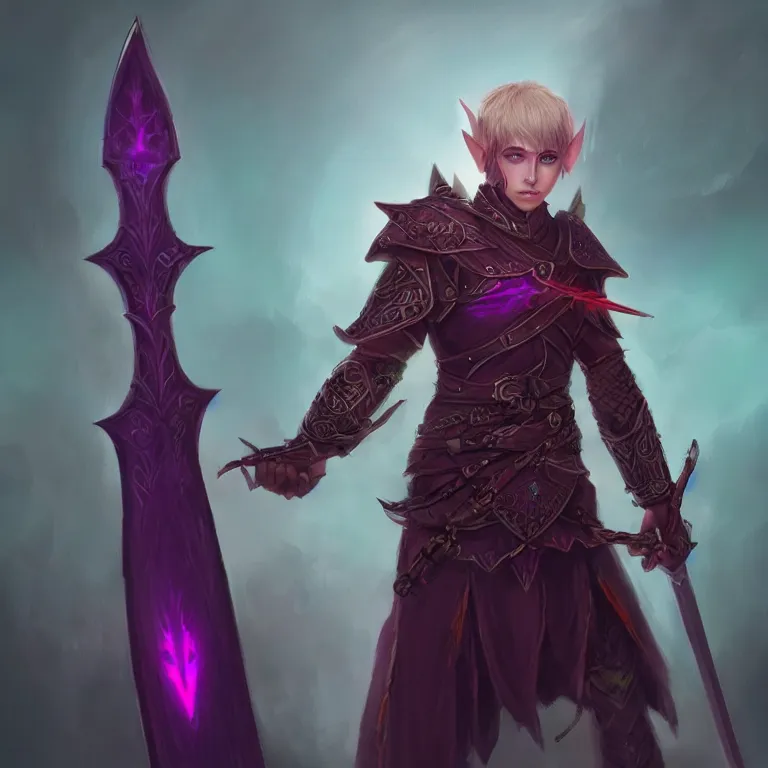 Prompt: A fantasy warrior elf. Glowing red eyes. Holding sword. Purple Aura. Intricate. Elegant portrait with gloomy cinematic background. Sharp focus. Concept art by Tian Zi