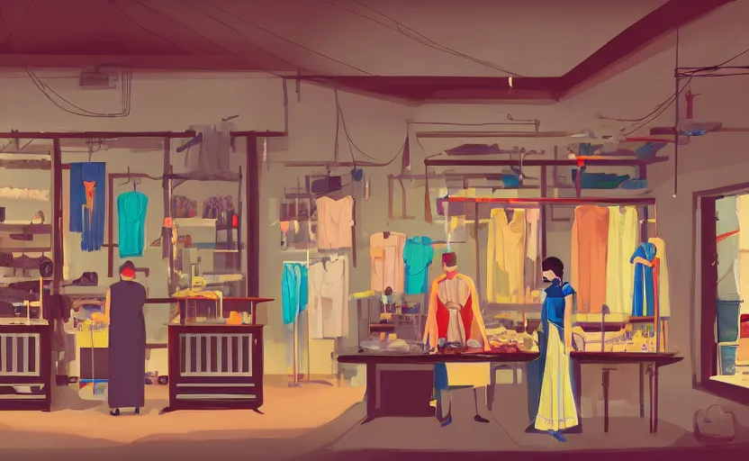 Prompt: interior of an indian tailor shop, james gilleard, print, game art