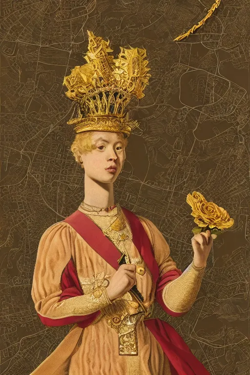 Image similar to hyperdetailed matte illustration of a knight wearing an ornate gold headpiece and holding a flower with a map of the collective subconscious in the background by john currin