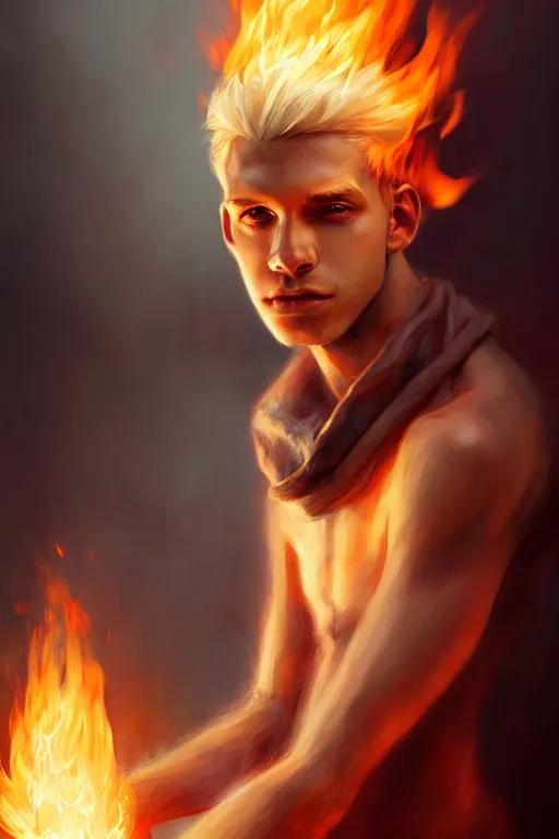 Image similar to character art by bastien lecouffe - deharme, young man, blonde hair, on fire, fire powers