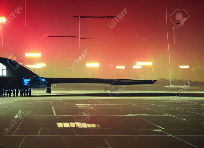 Image similar to immense futuristic jet plane arrives at runway of cyberpunk airport at night ,cinematic lighting, concept art