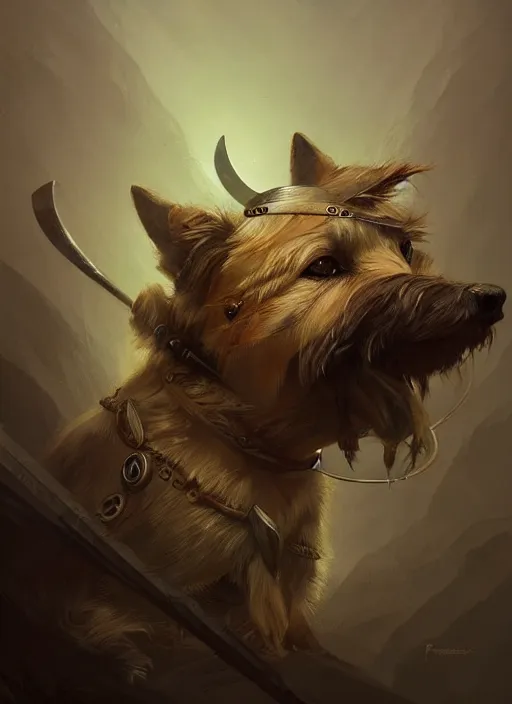 Image similar to norwich terrier as an viking, backround dark, highly detailed, digital illustration, trending in artstation, modern painting, smooth, sharp focus, intricate, by peter mohrbacher