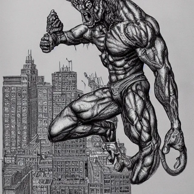 Prompt: highly detailed ballpoint pen illustration of a muscular gargoyle man standing on top of a building