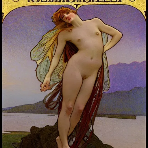 Image similar to tempera composed by alphonse mucha, by meredith marsone, by alexandre cabanel. the sculpture of two lakes in connecticut, with mountains in the distance.