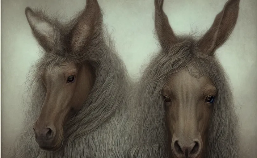 Prompt: horse rabbit hybrid character portrait by jean delville, tom bagshaw, brooke shaden, gustave dore and marco mazzoni, studio ghibli style, high fantasy, detailed fur, intricate details