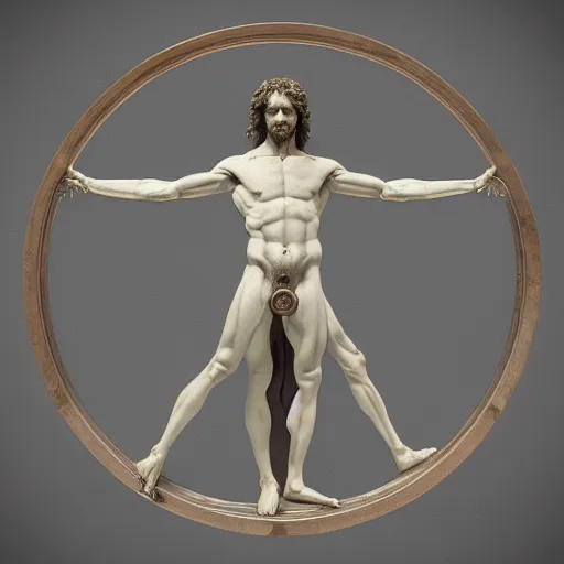 Image similar to Da Vinci's Vitruvian Man as a marble sculpture by Michelangelo, 4k, hyperrealistic, octane render, studio lighting