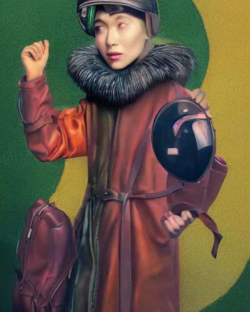 Image similar to portrait of alone androgynous girl wearing long orange vintage leather coat and wearing giant modular synthesizer 8 0 s sony stereo helmet and backpack. bakelite cliffs, moss green japanese forest background, ultrafine hyperdetailed illustration by hsiao - ron cheng and artgerm, the grand budapest hotel, glow, no crop, digital art, artstation, pop art