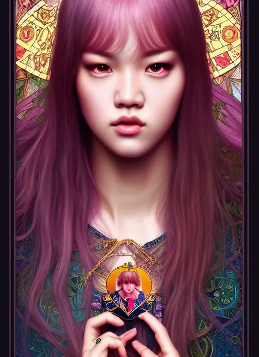 Image similar to jossi of blackpink, king, tarot card, highly detailed, digital painting, smooth, sharp focus, illustration, ultra realistic, unreal engine, 8 k, art by artgerm and alphonse mucha