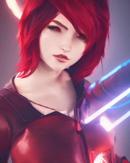 Image similar to a girl with short red hair, cool, vi from arcane, league of legends, fighter, cool red jacket, tattoo, beautiful, 3 d, potrait, art staion, studio light, closeup shot, octane render, wlop, realistic, neon