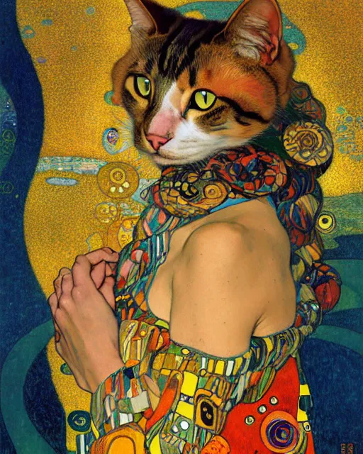 Image similar to summertime cat portrait an oil painting splashes with many colors and shapes by gustav klimt greg rutkowski and alphonse mucha, polycount, generative art, psychedelic, fractalism, glitch art