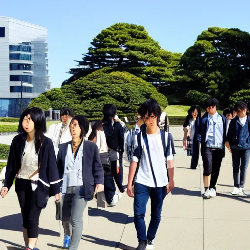 Prompt: Kanda University of International Studies students walking on campus on a sunny day in Makuhari Japan.