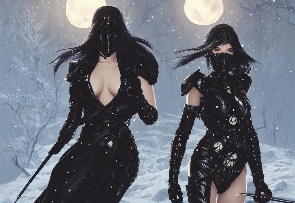 Image similar to portrait ninja gaiden girl, armored black shiny ninja wardrobe, at snowy fuji mountain moonlight, ssci - fi and fantasy, intricate and beautiful and elegant, digital painting, artstation, concept art, smooth and sharp focus, illustration, art by tian zi and wlop and alphonse mucha