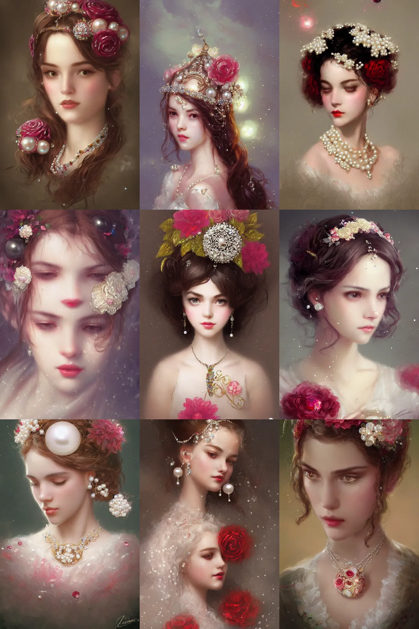 Prompt: a beautiful picture of lolita head ornament with pearls, gem, diamonds, flower, embroidery design ， by greg rutkowski and thomas kinkade, trending on artstation