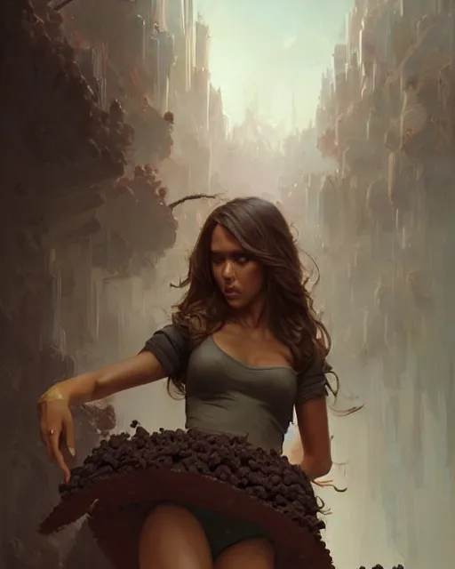Image similar to jessica alba as ( girl as personification of chocolate cupcake ), fantasy bakery, digital painting by greg rutkowski, artgerm, krenz cushart, laurie greasly, wlop, intricate, highly detailed!!, sharp focus, smooth, epic composition, joyful, unreal engine, masterpiece, 8 k