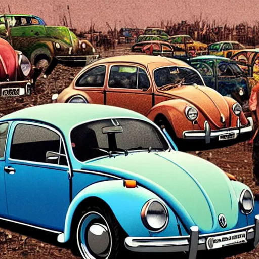 Image similar to highly detailed illustration of a bunch of volkswagen beetles and the british group the beatles battling on a junkyard battleground, color restoration