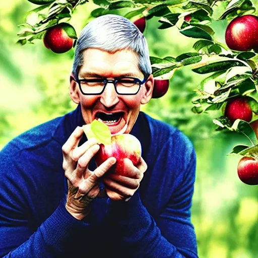 Image similar to tim cook eating an apple below an apple tree, cinematic digital art