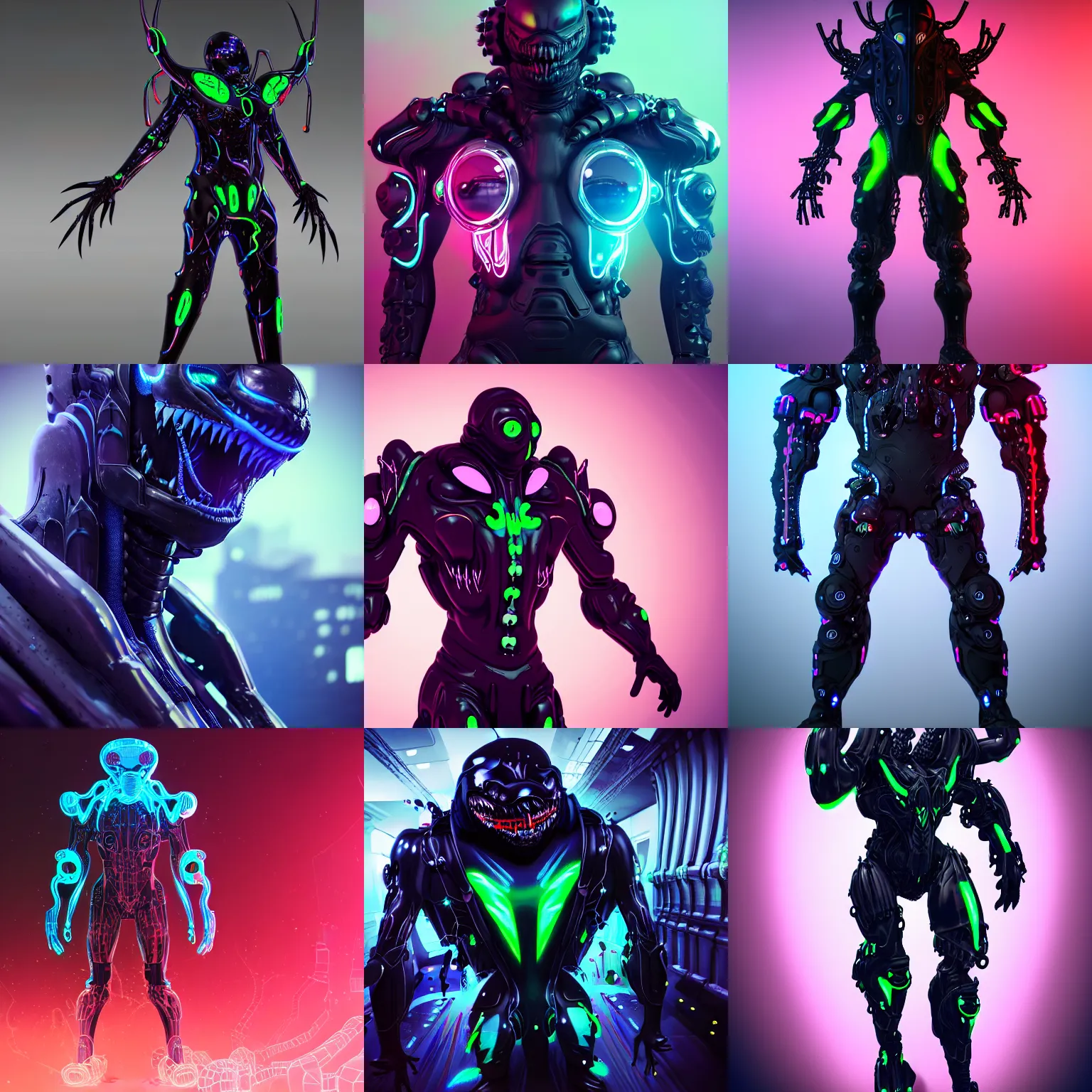 Prompt: man wearing a venomized mech suit, 3 d, digital art, very detailed, neon, electrical, artstation, 4 k hd, futuristic, black, gooey, slime