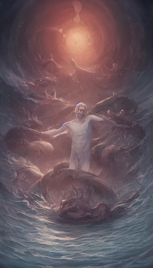 Image similar to man on boat crossing a body of water in hell with creatures in the water, sea of souls, by charlie bowater