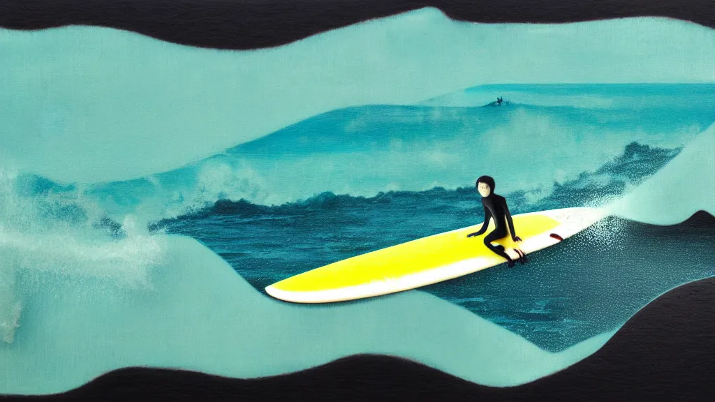 Image similar to surfing in miura, kanagawa japan, a collage painting, in the style of wes anderson, lola dupre, david hockney, isolated on negative white space background dark monochrome neon fluorescent spraypaint accents volumetric octane render