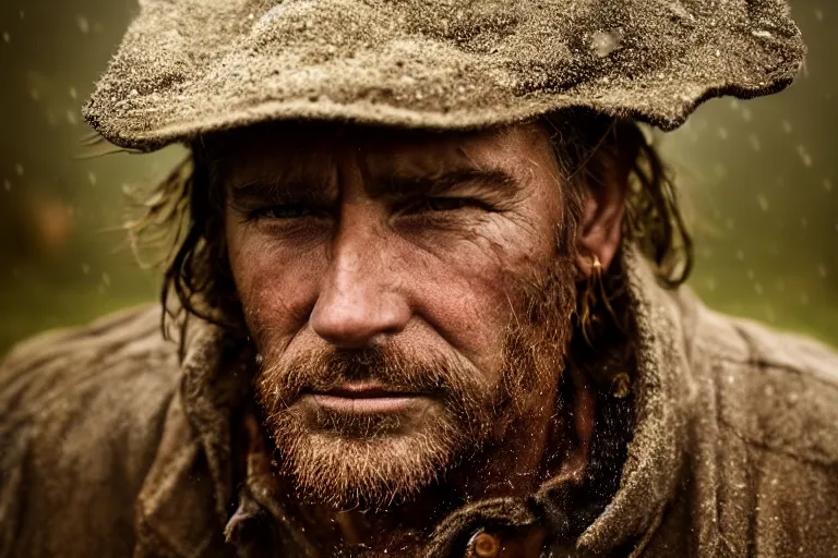 Image similar to a cinematic headshot portrait of a farmer, stood outside a wooden cabin, rain, ultra realistic, dramatic lighting, by mike campau and annie leibovitz