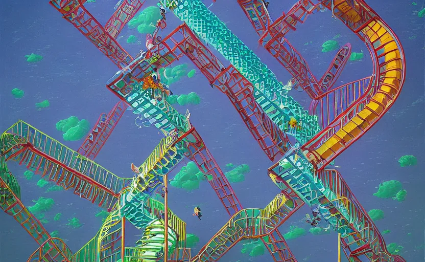 Image similar to chutes and ladders. detailed abstract acrylic painting by beeple, edited by mc escher, detailed by raqib shaw, popsurrealism,