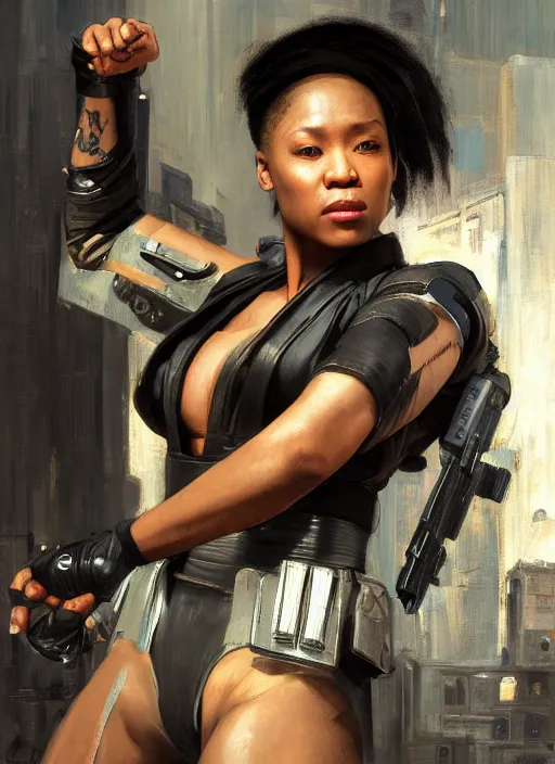 Image similar to black chun li teaching self defense. cyberpunk police trooper in a military vest ( blade runner 2 0 4 9, cyberpunk 2 0 7 7 ). orientalist portrait by john william waterhouse and james gurney and theodore ralli and nasreddine dinet, oil on canvas. cinematic, hyper realism, realistic proportions, dramatic lighting, high detail 4 k