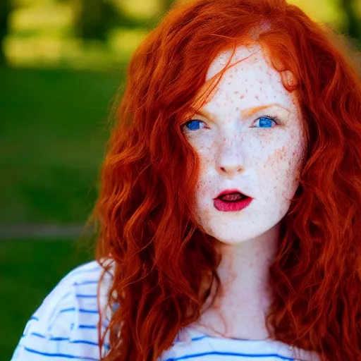 Prompt: photo of the left side of the head of an adorable redhead woman with gorgeous blue eyes and wavy long red hair, red detailed lips and freckles who looks directly at the camera. Slightly open mouth. Whole head visible and covers half of the frame, with a park visible in the background. 135mm nikon.