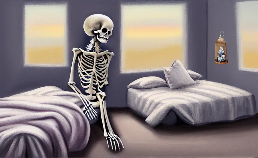 Prompt: matte oil painting of a skeleton dressed in pajamas and nightcaps and robes and slippers inside of a comfy bedroom, sleepy, cozy