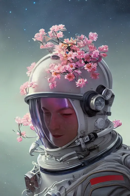 Image similar to ultra realistic illustration, astronaut in space with flowers blossoming from helmet, elegant, highly detailed, digital painting, concept art, smooth, sharp focus, illustration, art by artgerm and greg rutkowski and alphonse mucha