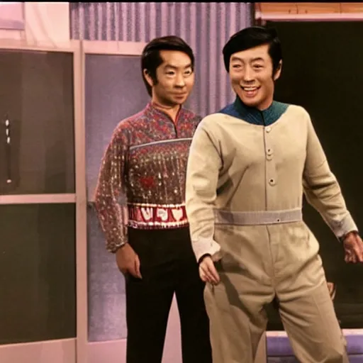 Image similar to an asian guys in a 1970 bastman costume tv show