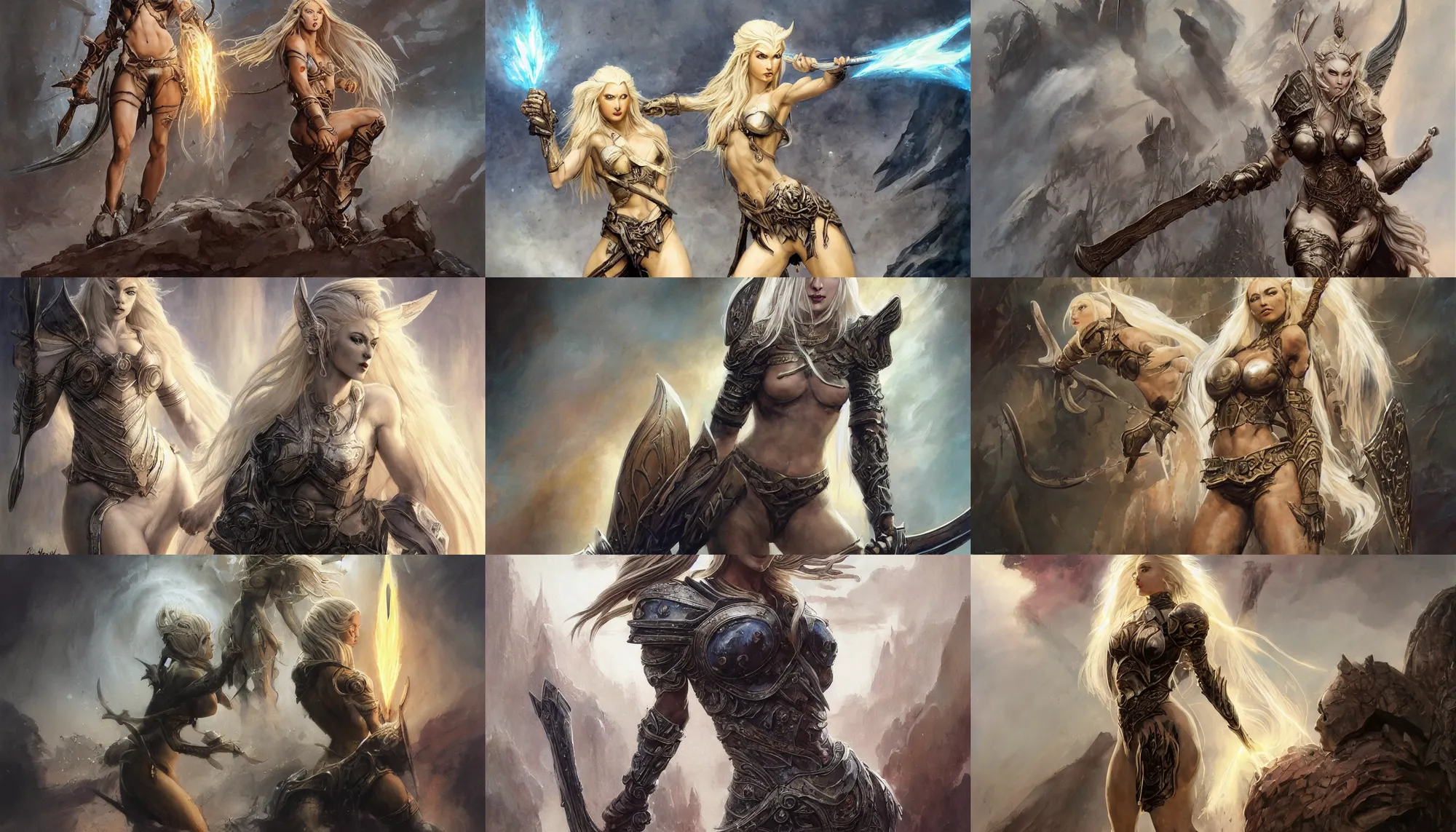 Image similar to A mixed media painting of the beautiful blonde goddess of war infused with lightning, very aesthetic, curvy, detailed face, elven armor, by Frank Frazetta, Greg Rutkowski, Boris Vallejo, Beeple, Yoko Taro, Christian MacNevin, epic fantasy character art, goddess of anger, viking runes, high fantasy, CGsociety, full length, exquisite detail, post-processing, masterpiece, cinematic, odin's stone arena background