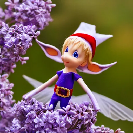 Prompt: a realistic elf is sitting at a close distance, he has a good - natured dreamy look, transparent wings, he is sitting on a beautiful blue flower around a lilac mist c 7. 0