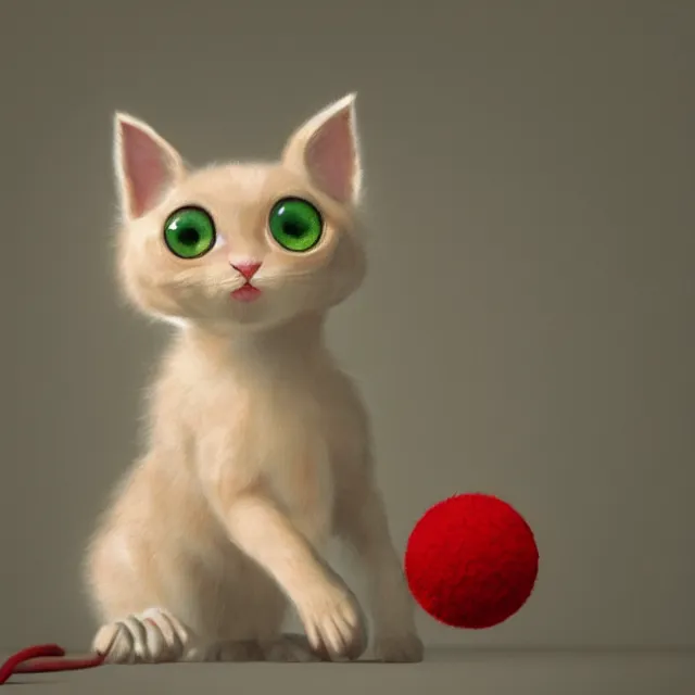 Image similar to a painting of a cute light beige kitten with brown ears and face and legs and tail playing with a red yarn ball. white paws. big eyes. character design by cory loftis, fenghua zhong, ryohei hase, ismail inceoglu and ruan jia. volumetric light, detailed, rendered in octane